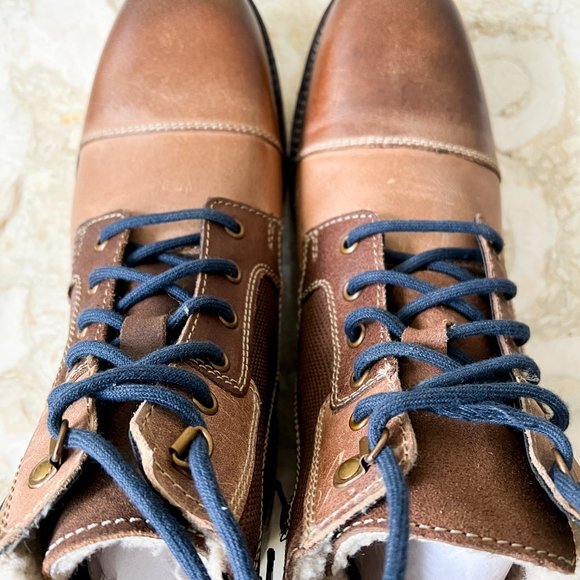 Unionbay Size 13 Leather Faux Fur-lined Lace-up Round Toe Brown Tan Ankle Boots - Picture 6 of 15
